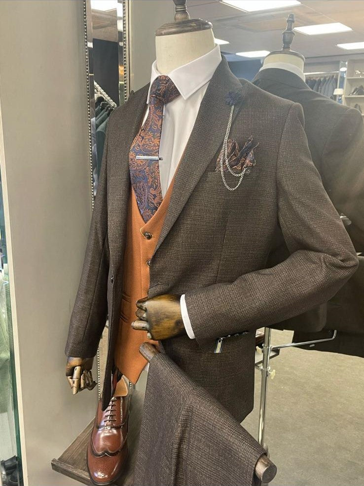 Caridi Brown Blazer & Trousers With Orange Waistcoat