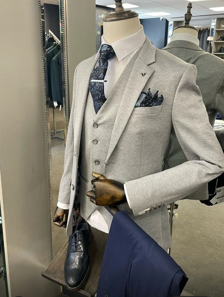 Hou Grey Blazer & Waistcoat With Navy Trousers To Hire