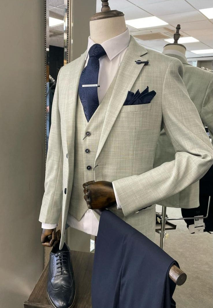 Camden Sage Blazer & Waistcoat With Navy Trousers