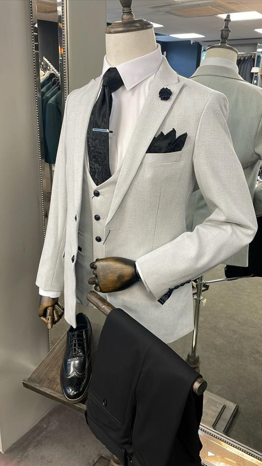 Bromley Stone Blazer & Waistcoat With Black Trousers