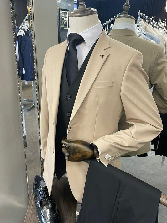 HOU 3-Piece Contrast Suit with Tan Blazer, Black Waistcoat & Black Trousers