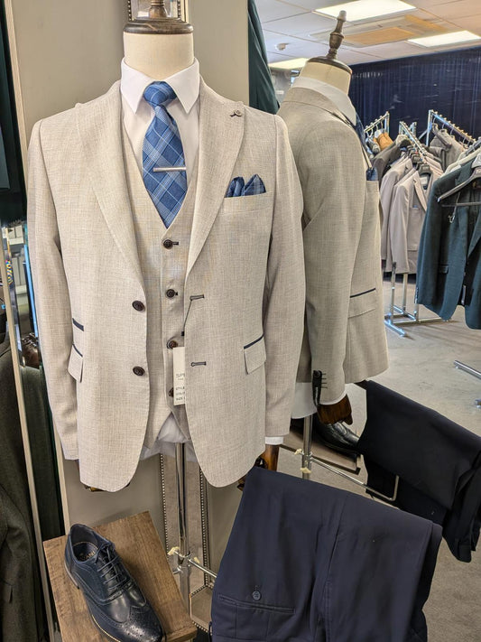 Arthur Beige 3 Piece Suit with Navy Trousers