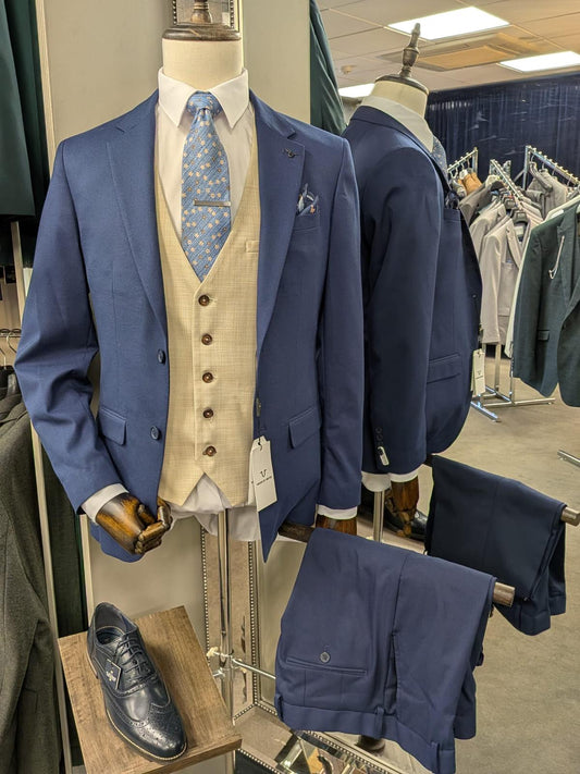 HOU Navy 3 Piece Suit with Camden Beige Waistcoat To Hire